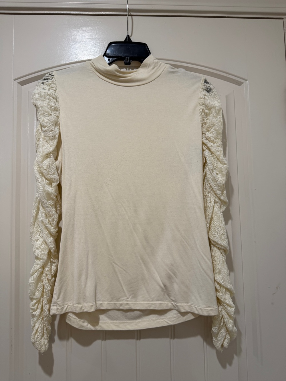 Maeve Cream Mock Neck Long Sleeve Top with Lace Ruched Sleeves